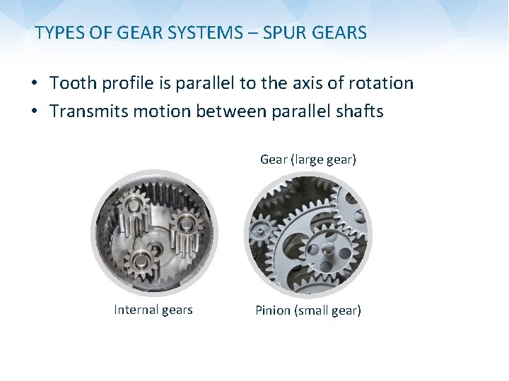 TYPES OF GEAR SYSTEMS – SPUR GEARS • Tooth profile is parallel to the