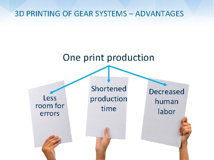 3 D PRINTING OF GEAR SYSTEMS – ADVANTAGES One print production Less room for