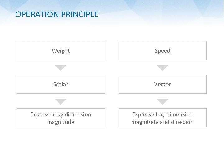 OPERATION PRINCIPLE Weight Speed Scalar Vector Expressed by dimension magnitude and direction 