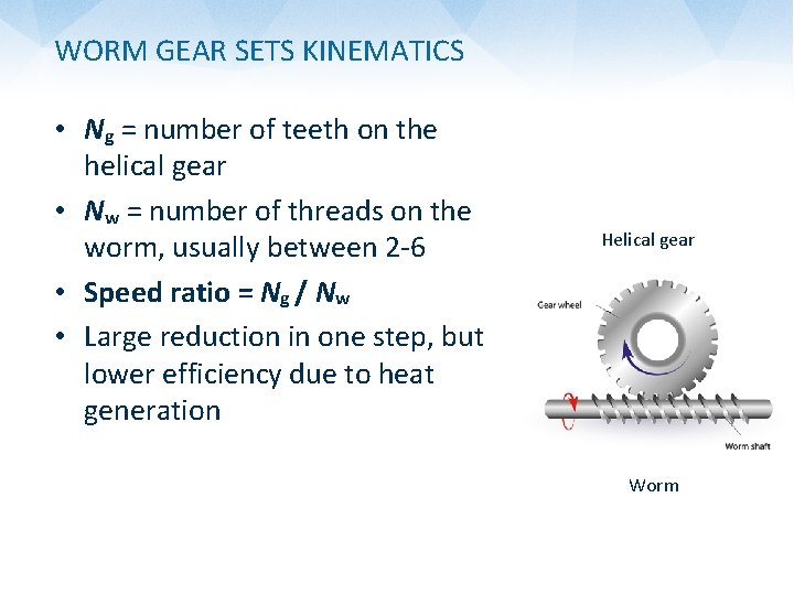 WORM GEAR SETS KINEMATICS • Ng = number of teeth on the helical gear