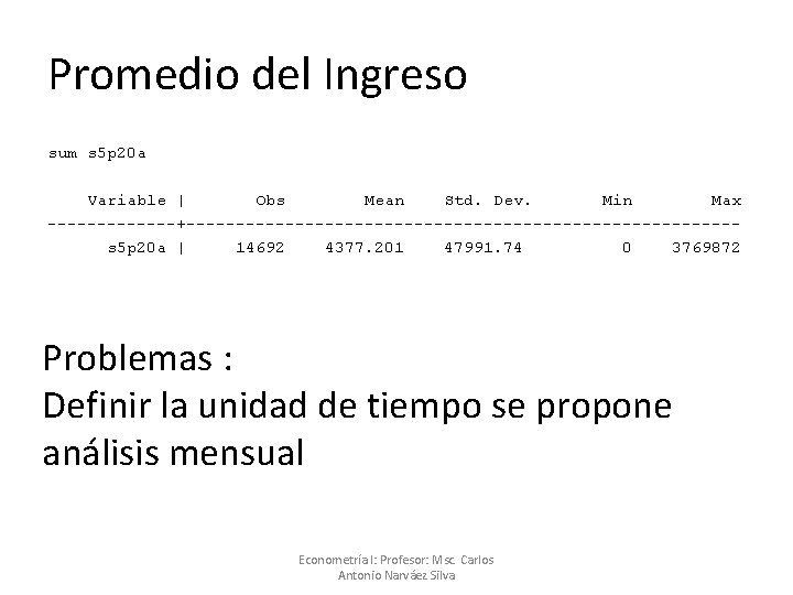 Promedio del Ingreso sum s 5 p 20 a Variable | Obs Mean Std.