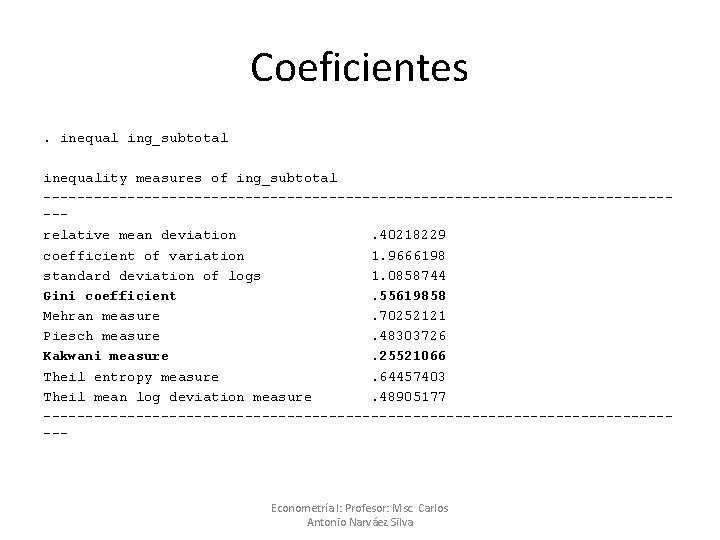 Coeficientes. inequal ing_subtotal inequality measures of ing_subtotal --------------------------------------relative mean deviation. 40218229 coefficient of variation