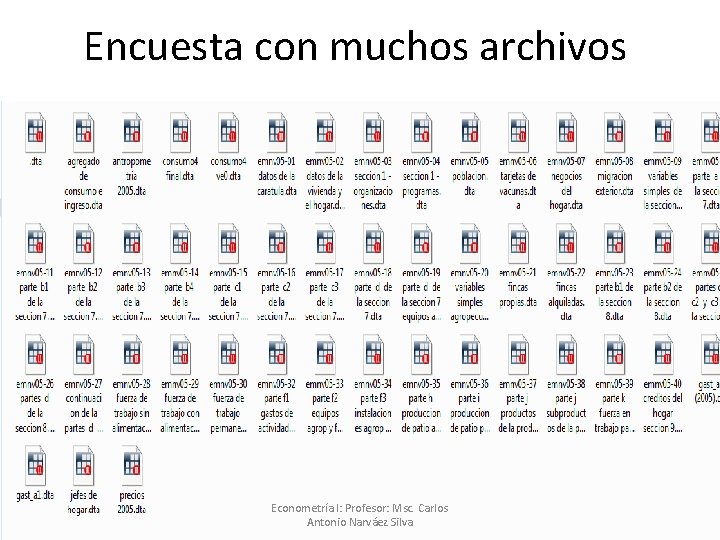 Encuesta con muchos archivos Econometría I: Profesor: Msc. Carlos Antonio Narváez Silva 