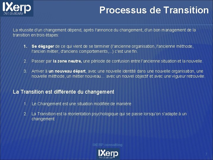 Processus de Transition La réussite d’un changement dépend, après l'annonce du changement, d’un bon