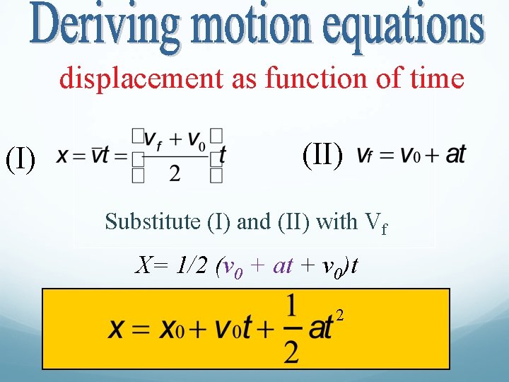 displacement as function of time (I) (II) Substitute (I) and (II) with Vf X=