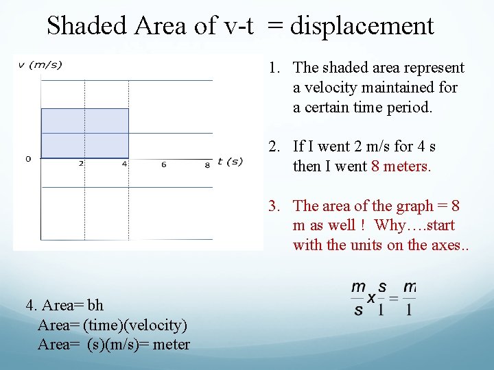 Shaded Area of v-t = displacement 1. The shaded area represent a velocity maintained