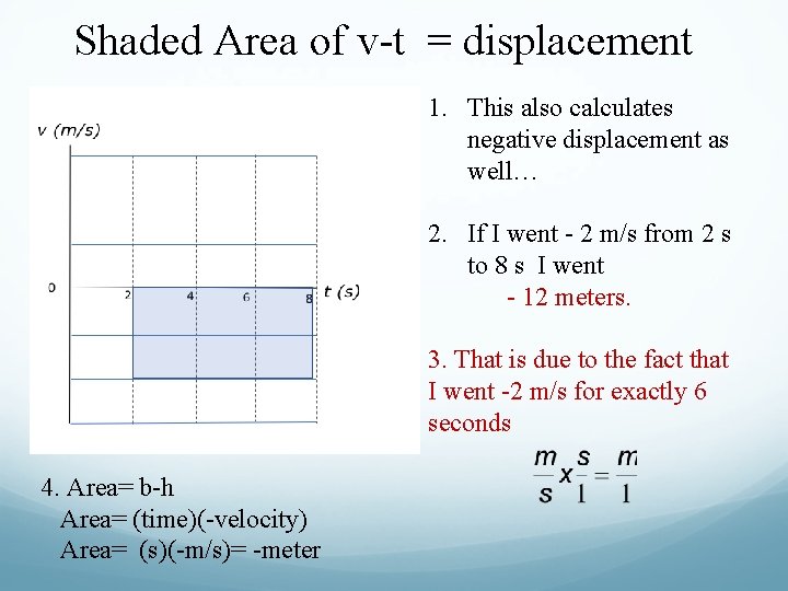 Shaded Area of v-t = displacement 1. This also calculates negative displacement as well…