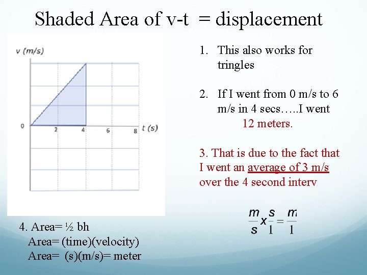 Shaded Area of v-t = displacement 1. This also works for tringles 2. If