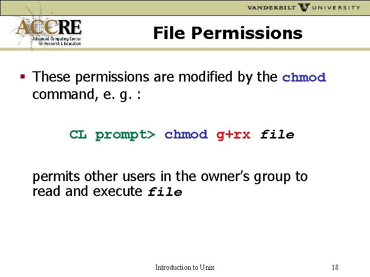 File Permissions These permissions are modified by the chmod command, e. g. : CL