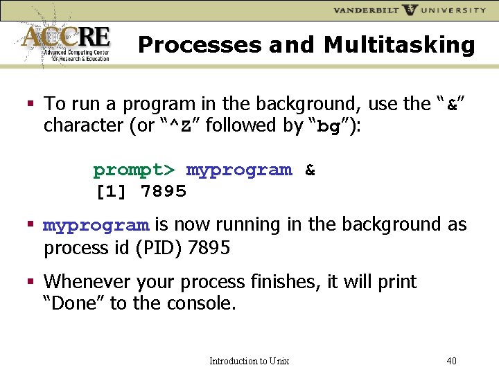 Processes and Multitasking To run a program in the background, use the “&” character