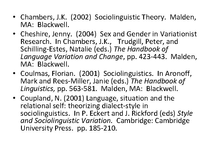  • Chambers, J. K. (2002) Sociolinguistic Theory. Malden, MA: Blackwell. • Cheshire, Jenny.