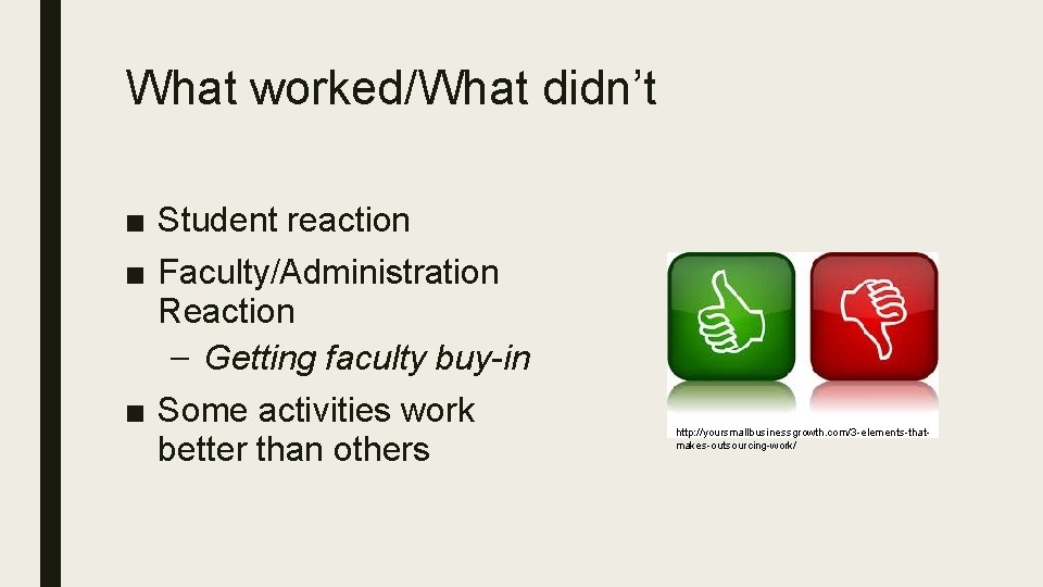 What worked/What didn’t ■ Student reaction ■ Faculty/Administration Reaction – Getting faculty buy-in ■