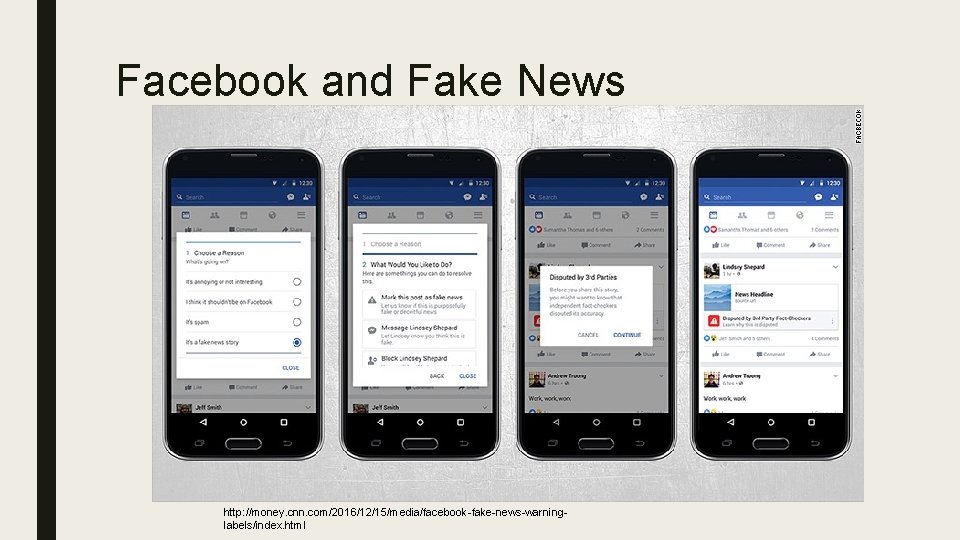 Facebook and Fake News http: //money. cnn. com/2016/12/15/media/facebook-fake-news-warninglabels/index. html 
