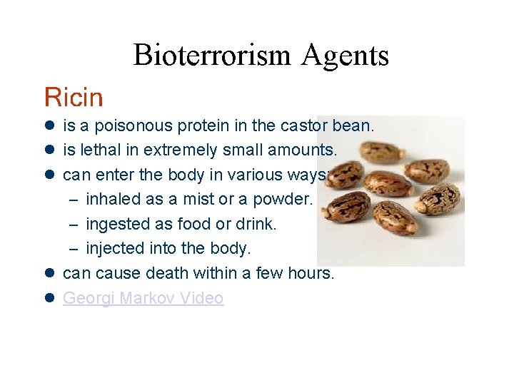 Bioterrorism Agents Ricin l is a poisonous protein in the castor bean. l is