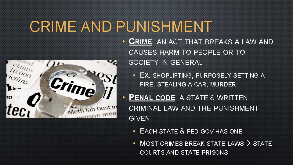 CRIME AND PUNISHMENT • CRIME: AN ACT THAT BREAKS A LAW AND CAUSES HARM