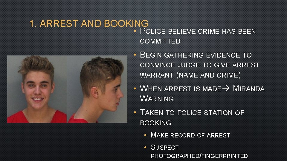 1. ARREST AND BOOKING • POLICE BELIEVE CRIME HAS BEEN COMMITTED • BEGIN GATHERING