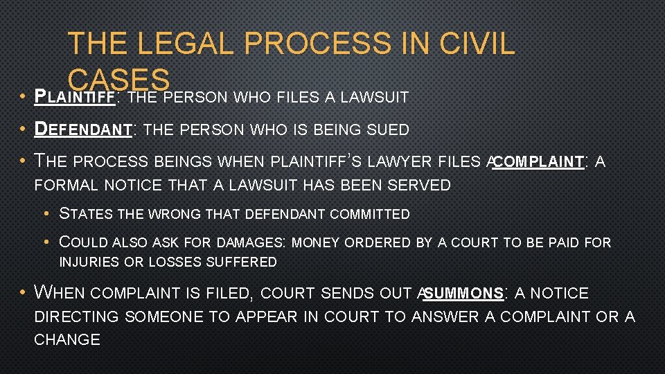 THE LEGAL PROCESS IN CIVIL CASES • PLAINTIFF: THE PERSON WHO FILES A LAWSUIT