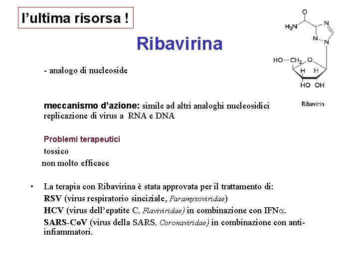 l’ultima risorsa ! Ribavirina - analogo di nucleoside meccanismo d’azione: simile ad altri analoghi