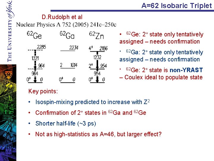 A=62 Isobaric Triplet D. Rudolph et al • 62 Ge: 2+ state only tentatively