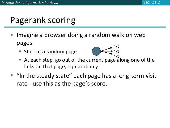 Introduction to Information Retrieval Sec. 21. 2 Pagerank scoring § Imagine a browser doing