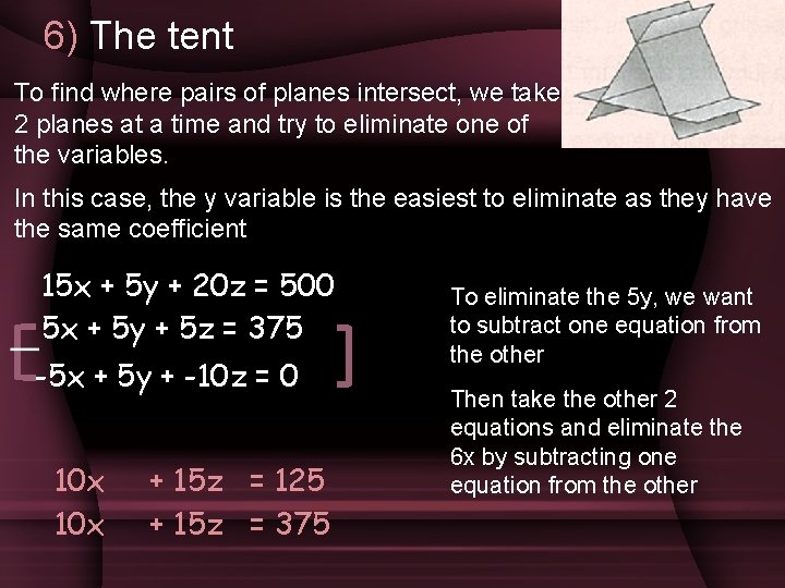 6) The tent To find where pairs of planes intersect, we take 2 planes