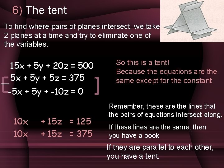 6) The tent To find where pairs of planes intersect, we take 2 planes