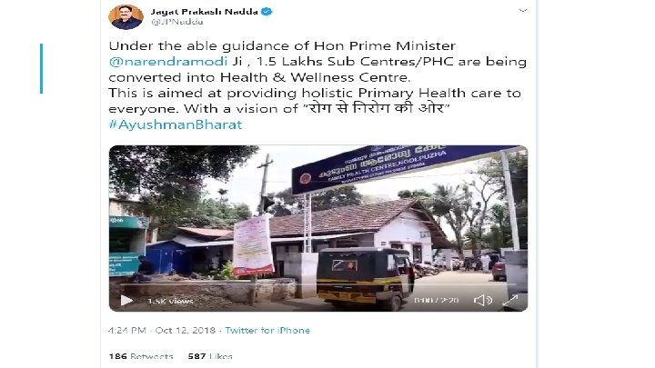 Former Union Minister of Health & Family Welfare tweeting about FHCs in Kerala 