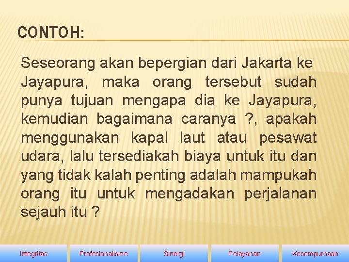 CONTOH: Seseorang akan bepergian dari Jakarta ke Jayapura, maka orang tersebut sudah punya tujuan CONTOH: Seseorang akan bepergian dari Jakarta ke Jayapura, maka orang tersebut sudah punya tujuan