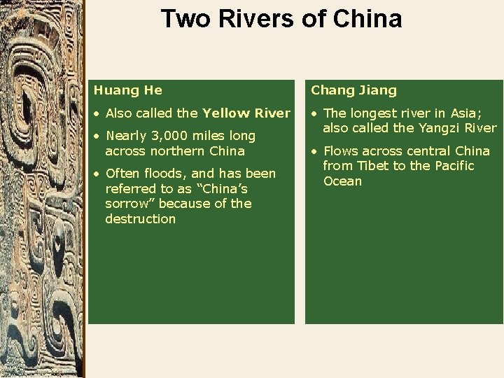 Two Rivers of China Huang He Chang Jiang • Also called the Yellow River