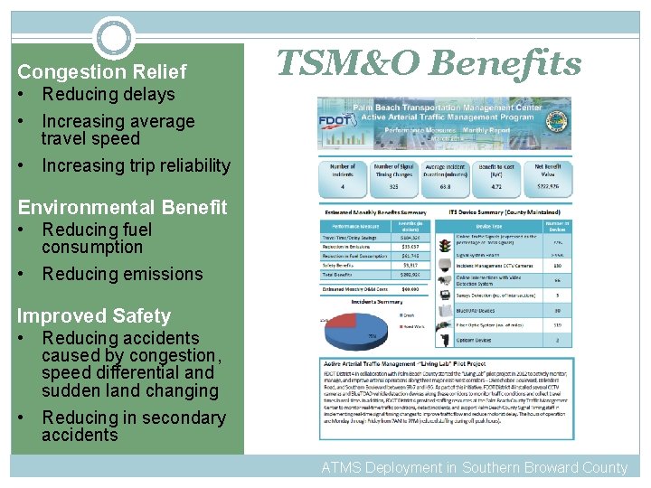 Congestion Relief TSM&O Benefits • Reducing delays • Increasing average travel speed • Increasing