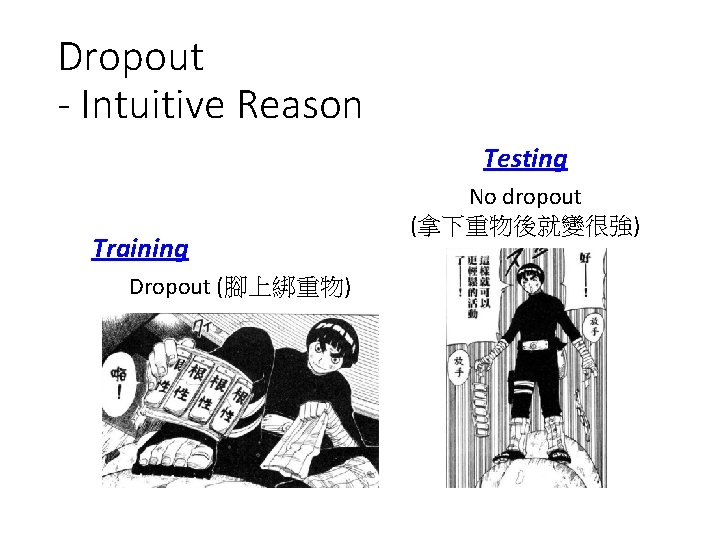 Dropout - Intuitive Reason Testing Training Dropout (腳上綁重物) No dropout (拿下重物後就變很強) 