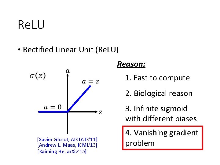Re. LU • Rectified Linear Unit (Re. LU) Reason: 1. Fast to compute 2.
