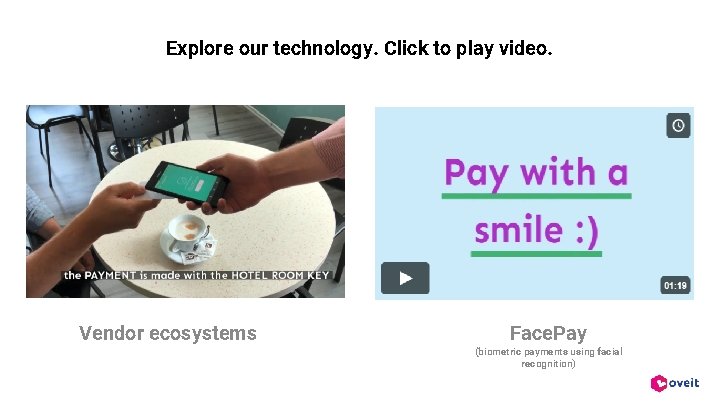 Explore our technology. Click to play video. Vendor ecosystems Face. Pay (biometric payments using
