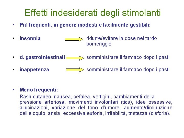 Effetti indesiderati degli stimolanti • Più frequenti, in genere modesti e facilmente gestibili: •