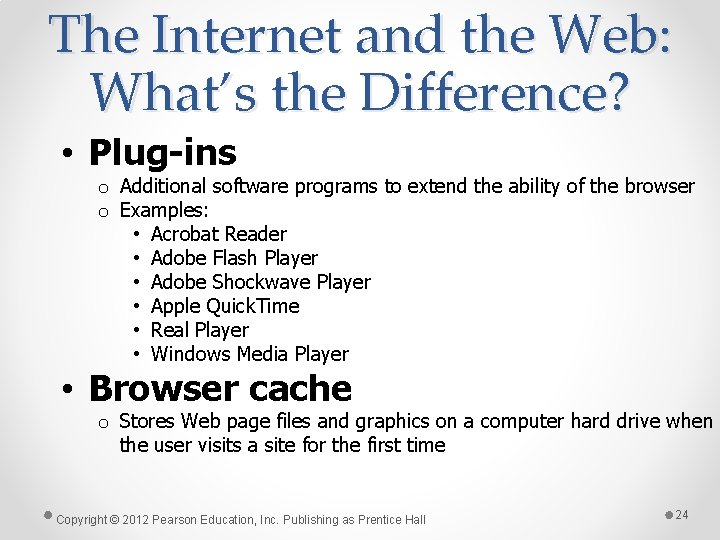 The Internet and the Web: What’s the Difference? • Plug-ins o Additional software programs