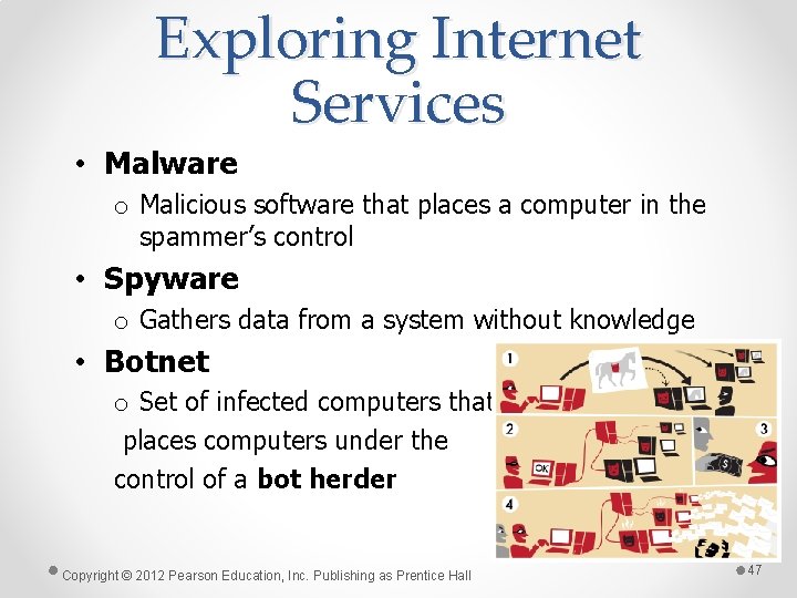 Exploring Internet Services • Malware o Malicious software that places a computer in the