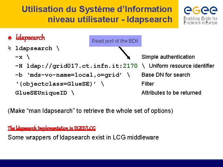 Utilisation du Système d’Information niveau utilisateur - ldapsearch ♠ ldapsearch Read port of the