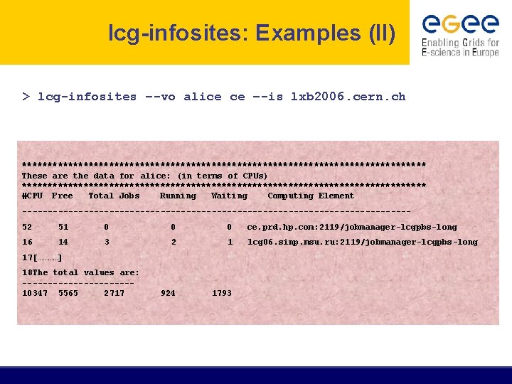 lcg-infosites: Examples (II) > lcg-infosites –-vo alice ce –-is lxb 2006. cern. ch ****************************************