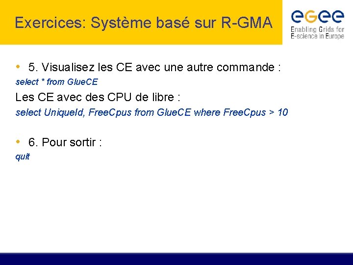 Exercices: Système basé sur R-GMA • 5. Visualisez les CE avec une autre commande