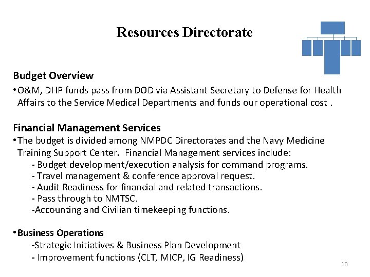 Resources Directorate Budget Overview • O&M, DHP funds pass from DOD via Assistant Secretary