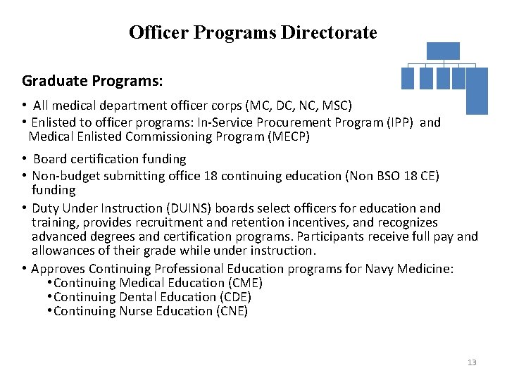 Officer Programs Directorate Graduate Programs: • All medical department officer corps (MC, DC, NC,