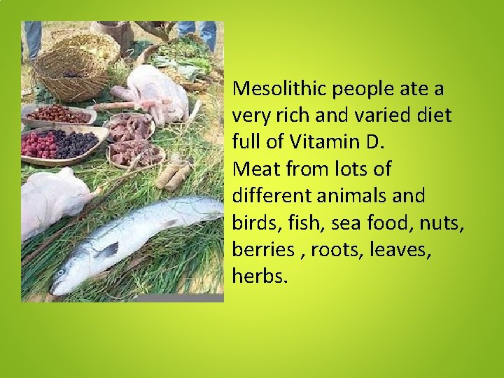 Mesolithic people ate a very rich and varied diet full of Vitamin D. Meat Mesolithic people ate a very rich and varied diet full of Vitamin D. Meat
