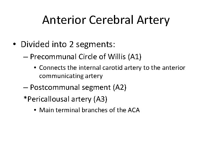 Anterior Cerebral Artery • Divided into 2 segments: – Precommunal Circle of Willis (A