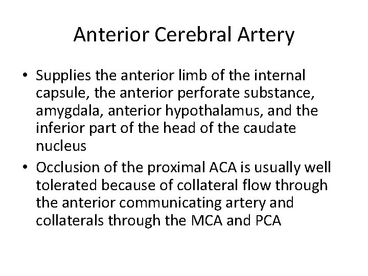 Anterior Cerebral Artery • Supplies the anterior limb of the internal capsule, the anterior