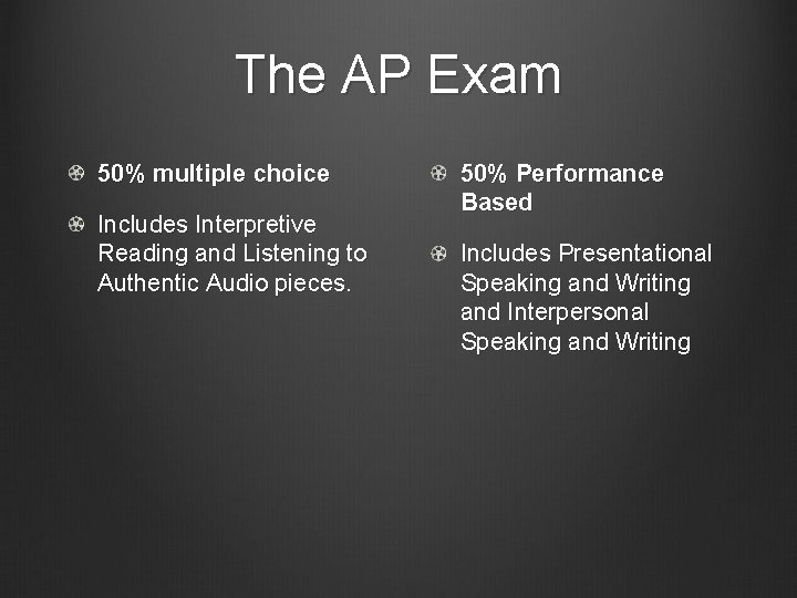 The AP Exam 50% multiple choice Includes Interpretive Reading and Listening to Authentic Audio