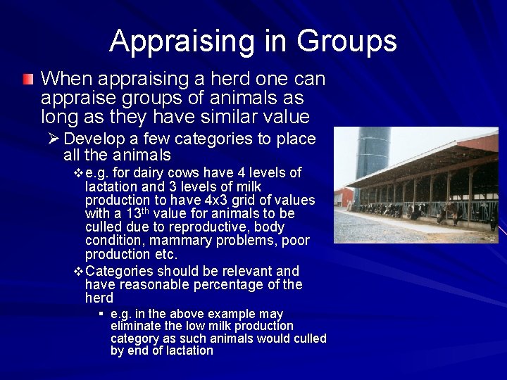 Appraising in Groups When appraising a herd one can appraise groups of animals as