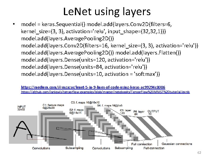 Le. Net using layers • model = keras. Sequential() model. add(layers. Conv 2 D(filters=6, Le. Net using layers • model = keras. Sequential() model. add(layers. Conv 2 D(filters=6,