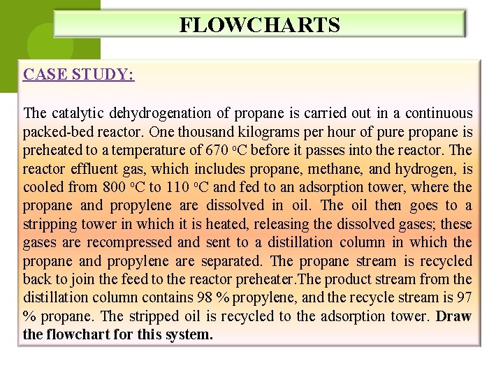 FLOWCHARTS CASE STUDY: The catalytic dehydrogenation of propane is carried out in a continuous