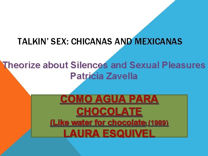 TALKIN’ SEX: CHICANAS AND MEXICANAS Theorize about Silences and Sexual Pleasures Patricia Zavella COMO