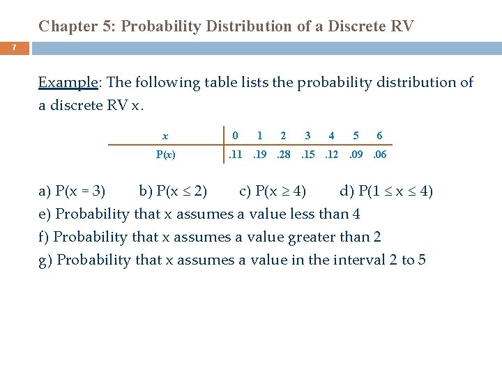 Chapter 5: Probability Distribution of a Discrete RV 7 Example: The following table lists